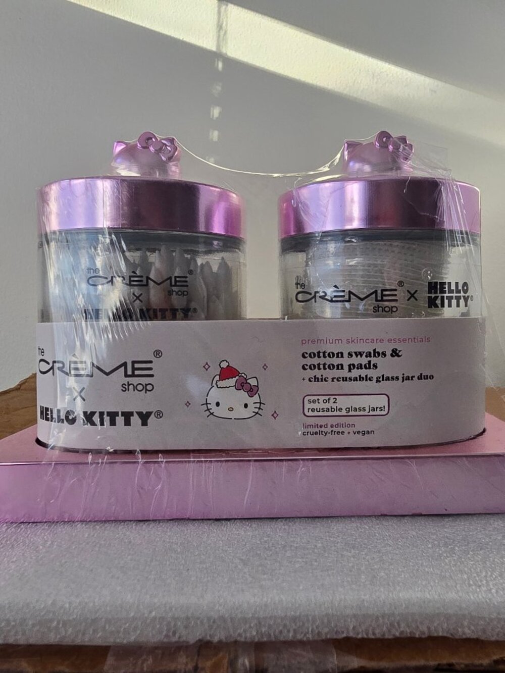 Limited Edition The Creme Shop Hello Kitty Cotton Swabs Pads Glass Jars